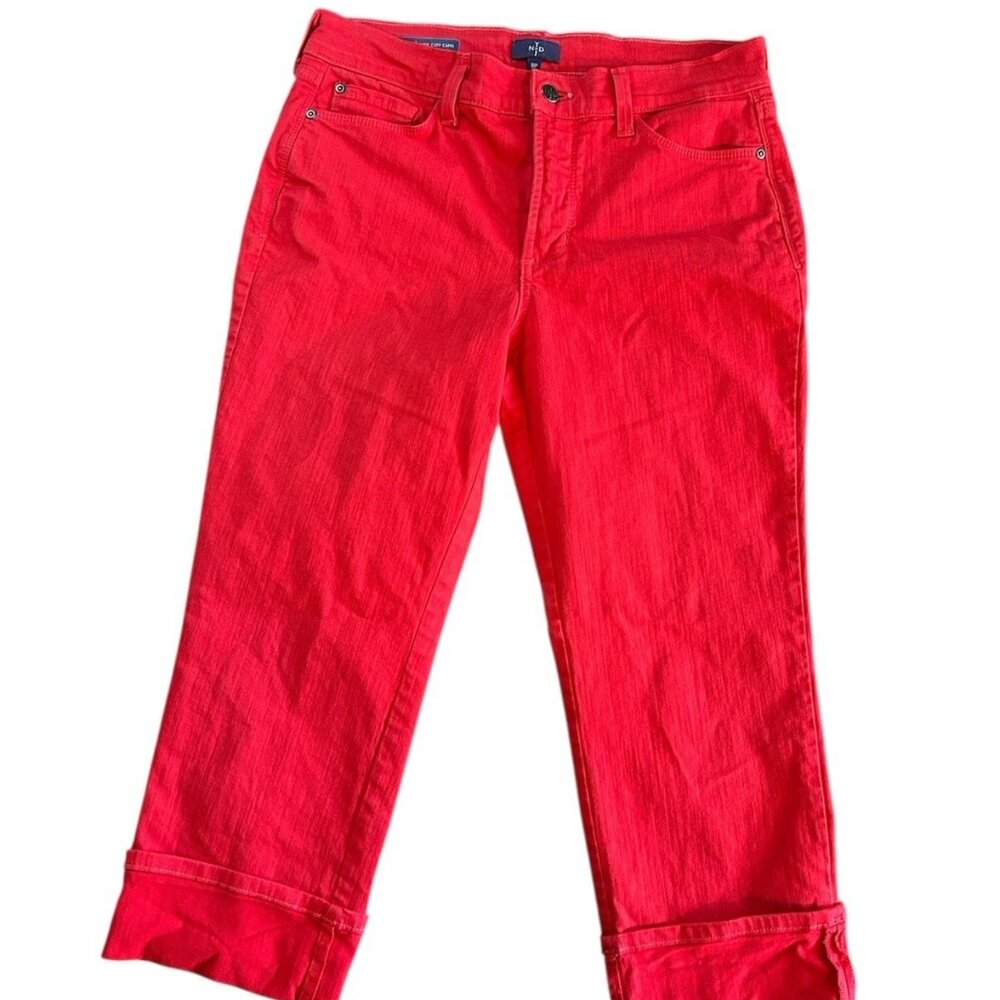 NYDJ Dayla Wide Cuff Capri 8 PETITE Red Stretch Denim Jeans Lift Tuck Technology